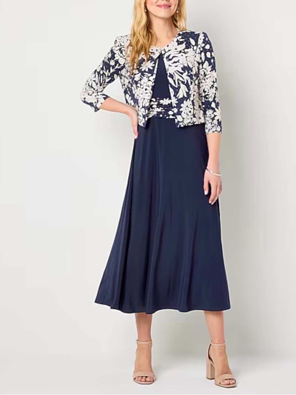 Jessica Howard Navy Midi Skirt with White Floral Jacket
